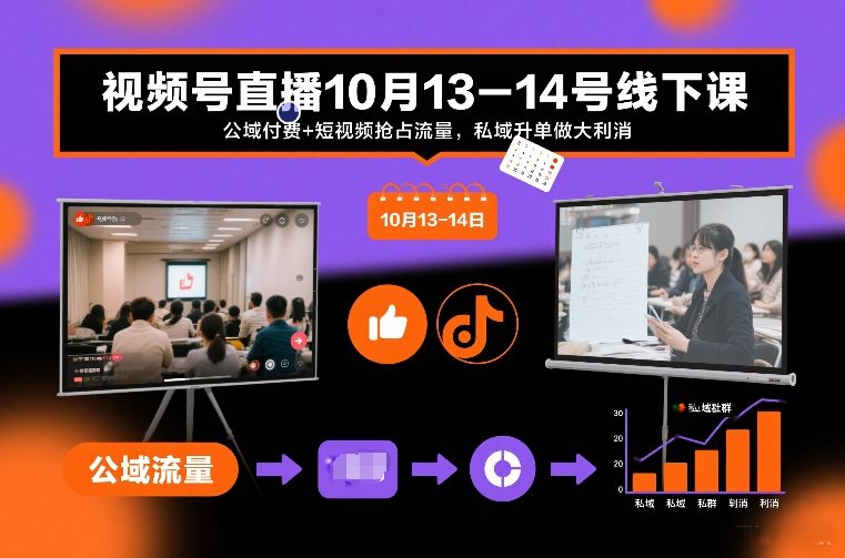 视频号直播10月13-14号线下课，公域付费+短视频抢占流量，私域升单做大利消-柯南聊项目