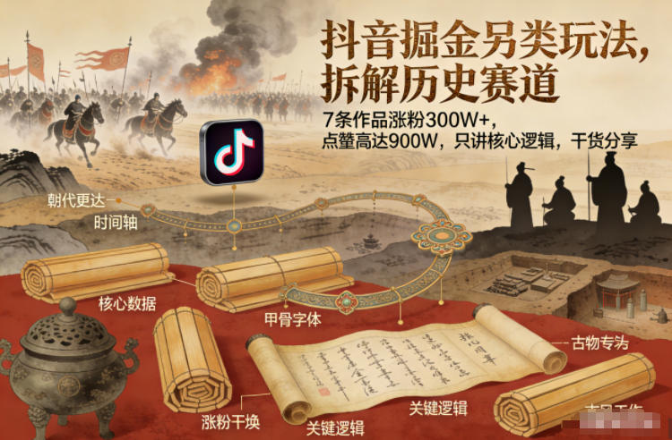 抖音掘金另类玩法，拆解历史赛道，7条作品涨粉300W+，点赞量高达900W，只讲核心逻辑，干货分享-柯南聊项目