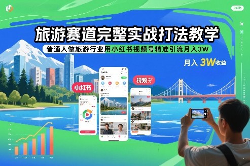 旅游赛道完整实战打法教学，普通人做旅游行业用小红书视频号精准引流月入3W-柯南聊项目