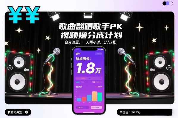 歌曲翻唱歌手PK视频撸分成计划，自带流量，一天两小时，日入2张-柯南聊项目