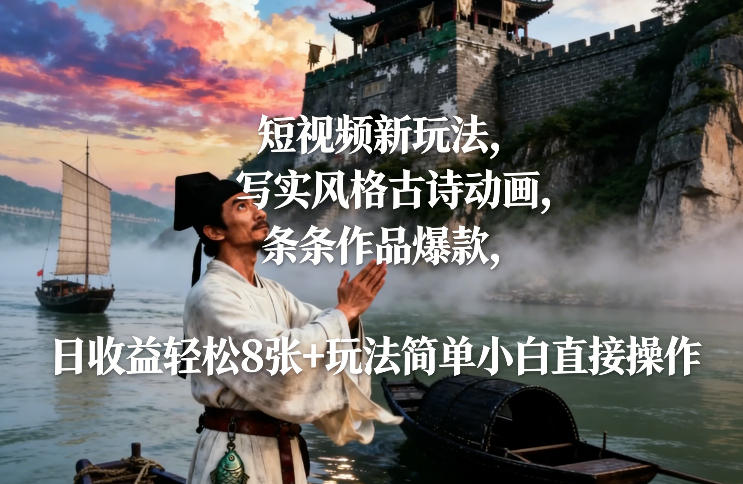 短视频新玩法，写实风格古诗动画，条条作品爆款，日收益轻松8张+玩法简单小白直接操作-柯南聊项目