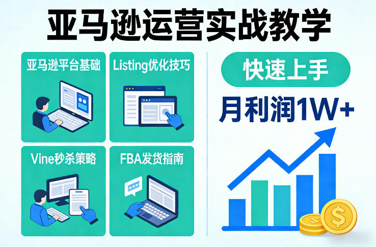 亚马逊运营实战教学，亚马逊平台+Listing优化+Vine秒杀+FBA发货等，快速上手，实现店铺月利润1W-柯南聊项目
