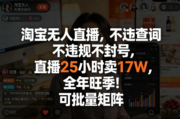 淘宝无人直播，不违规不封号，直播25小时卖17W，全年旺季！可批量矩阵【揭秘】-柯南聊项目