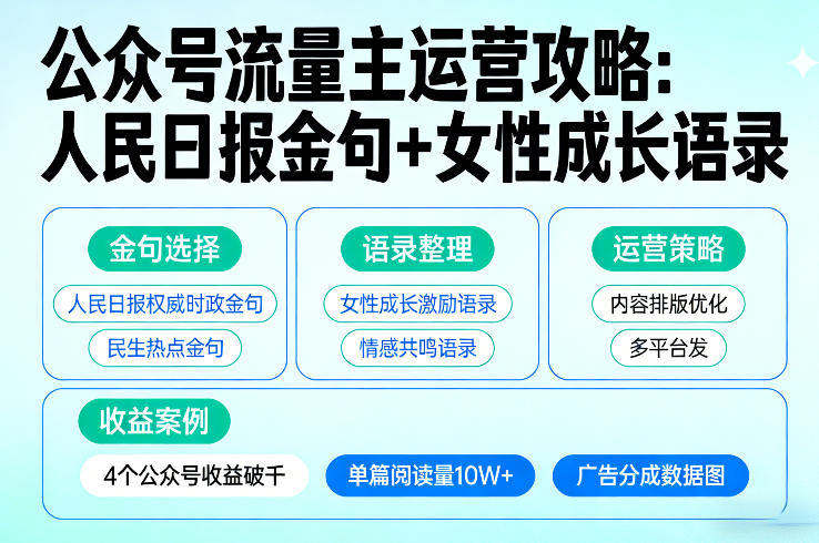 利用人民日报金句+女性成长语录做公众号流量主，4个公众号收益破千-柯南聊项目
