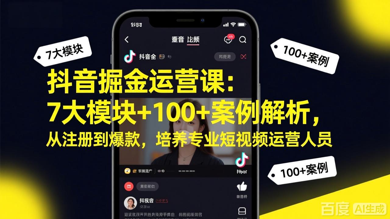 抖音掘金运营课：7大模块+100+案例解析，从注册到爆款，培养专业短视频运营人员-柯南聊项目