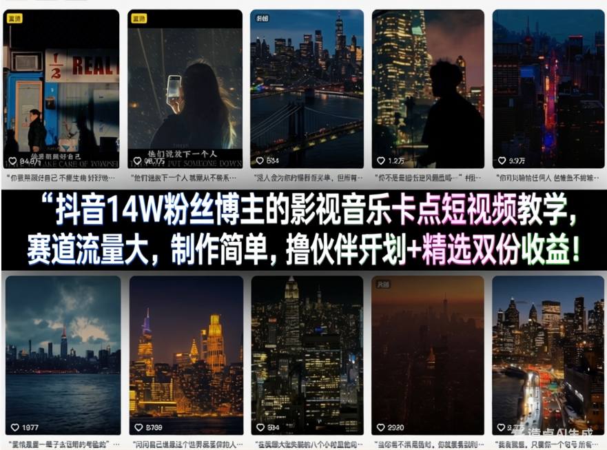 抖音14W粉丝博主的影视音乐卡点短视频教学，赛道流量大，制作简单，撸伙伴计划+精选双份收益！-柯南聊项目