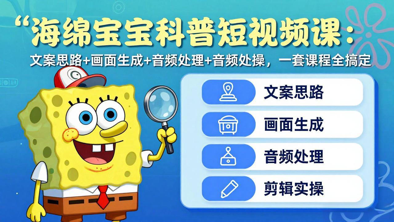 海绵宝宝科普短视频课：文案思路+画面生成+音频处理+剪辑实操，一套课程全搞定-柯南聊项目