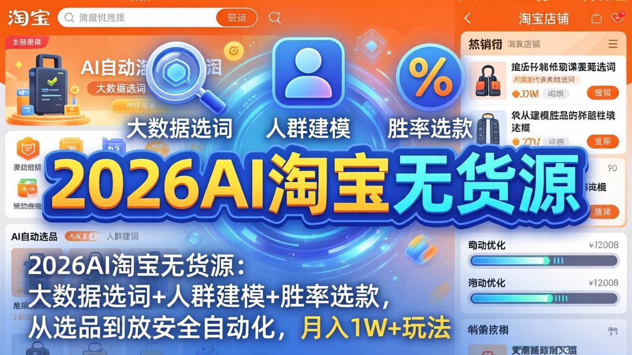 2026AI淘宝无货源：大数据选词+人群建模+胜率选款，从选品到放大全自动化，月入1W+玩法-柯南聊项目