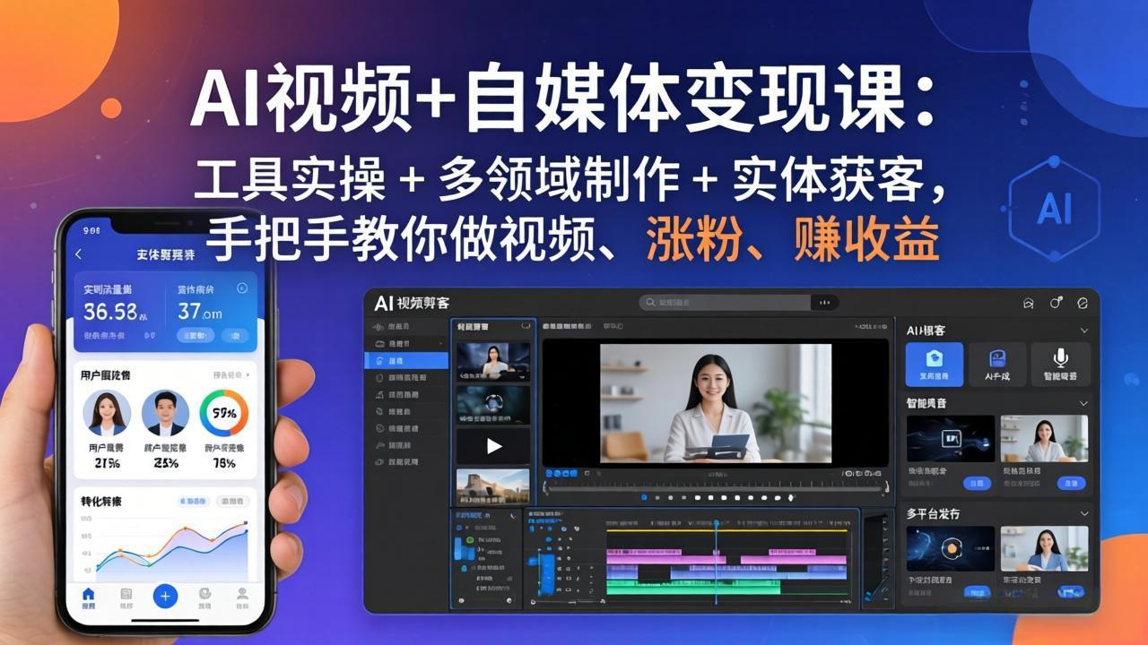 AI视频+自媒体变现课：工具实操 + 多领域制作 + 实体获客，手把手教你做视频、涨粉、赚收益-柯南聊项目