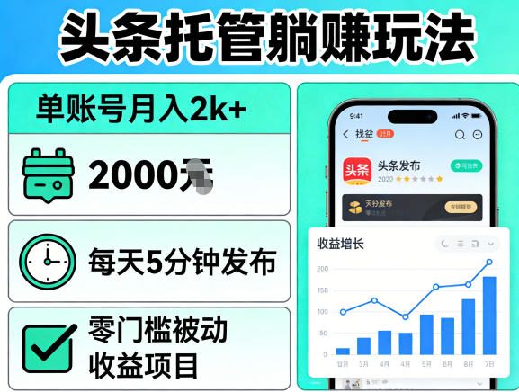 头条托管躺賺玩法，单账号月入2k+，每天5分钟发布即可，零门槛被动收益项目【揭秘】-柯南聊项目