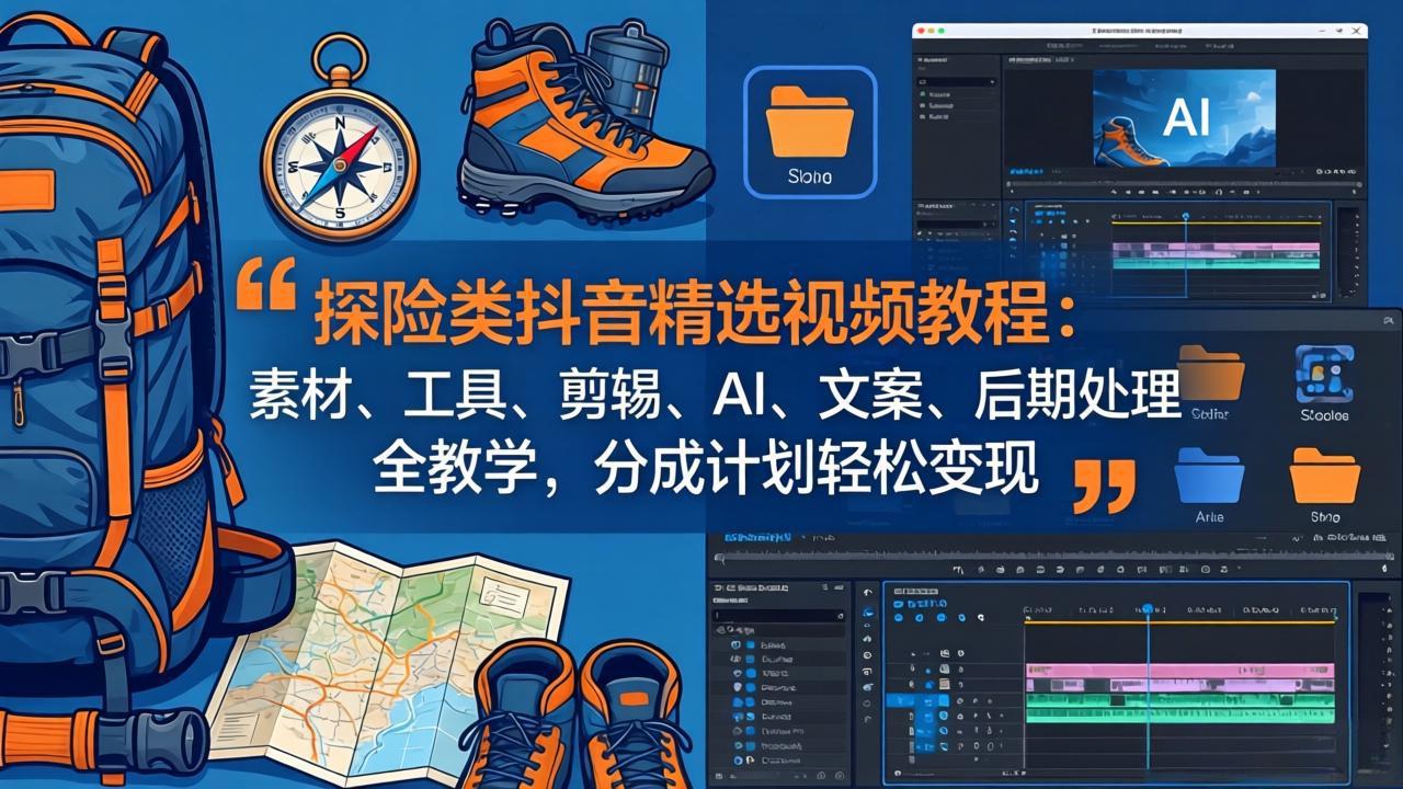 探险类抖音精选视频教程：素材、工具、剪辑、AI、文案、后期处理全教学，分成计划轻松变现-柯南聊项目