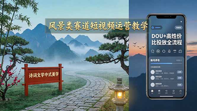 风景类赛道短视频运营教学：诗词文学中式美学，新号养号对标账号定位，DOU+高性价比投放全流程-柯南聊项目