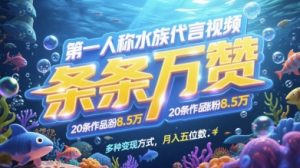 第一人称水族代言视频，条条万赞，20条作品涨粉7.8W，多种变现方式月入五位数-柯南聊项目