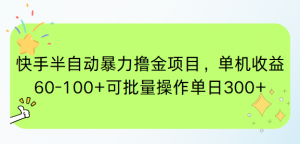 快手半自动暴力撸金项目，单机收益60-100+可批量操作单日300+-柯南聊项目