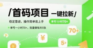 首码一键拉新项目，稳定靠谱，操作简单易上手，单号一小时70+，批量做每天5张【揭秘】-柯南聊项目