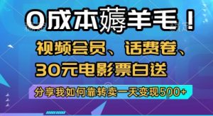 0成本薅羊毛!视频会员、话费卷、30元电影票白送，分享我如何靠转卖一天变现5张+【揭秘】-柯南聊项目