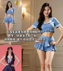 AI海军装美女跳舞视频制作教学，快速涨千粉万粉，视频教程+提示词(绘图词、动作词)-柯南聊项目