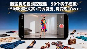 服装类短视频变现课，50个钩子模板+50条爆款文案+同城引流，月变现10w+-柯南聊项目