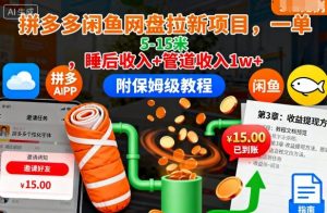 拼多多闲鱼网盘拉新项目，一单5-15米，睡后收入+管道收入1w+(附保姆级教程)-柯南聊项目