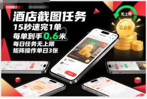 酒店截图任务，15秒速完1单，每单到手0.6米，每日任务无上限，全网首发玩法，矩阵操作单日3张【揭秘】-柯南聊项目
