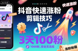 抖音快速涨粉剪辑技巧，3天1000粉，安全无违规-柯南聊项目