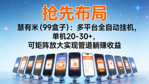 抢先布局慧有米(99盒子)：多平台全自动挂机，单机20-30+，可矩阵实现管道躺赚-柯南聊项目