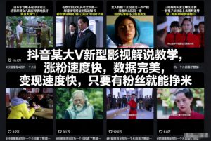 抖音某大V新型影视解说教学，涨粉速度快，数据完美，变现速度快，只要有粉丝就能挣米-柯南聊项目