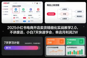 2025小红书电商开店卖货精细化实战教学2.0，不讲废话，小白7天快速学会，单店月利润2W-柯南聊项目