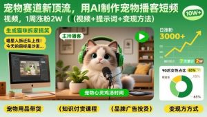 宠物赛道新顶流，用AI制作宠物播客短视频，1周涨粉2W(视频+提示词+变现方法)-柯南聊项目