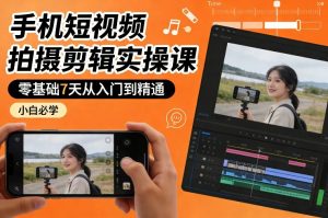 手机短视频拍摄剪辑实操课，零基础7天从入门到精通，小白必学-柯南聊项目