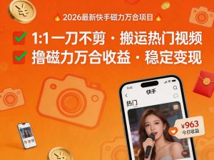 2026年最新快手磁力万合项目，1比1一刀不剪搬运热门视频，撸磁力万合收益-柯南聊项目