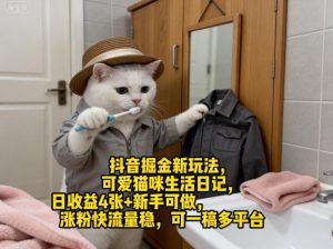 抖音掘金新玩法，可爱猫咪生活日记，日收益4张+新手可做，涨粉快流量稳，可一稿多平台-柯南聊项目